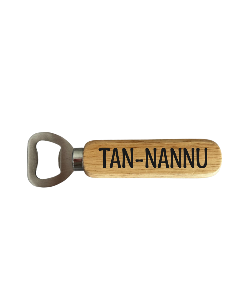Tan nannu KS Creations bottle opener with black font
