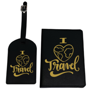 I Love Travel KS Creations Black Passport and Tag in Gold Font