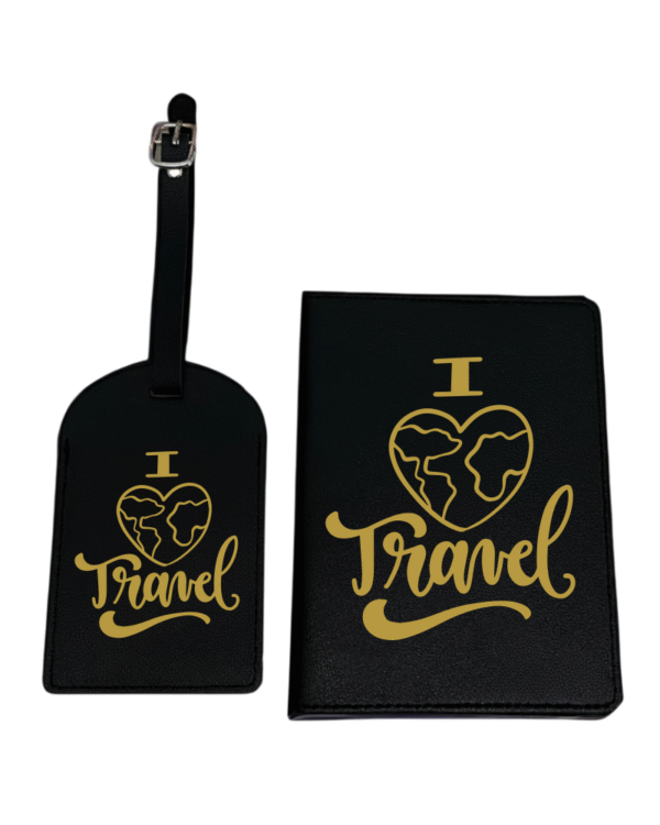 black P gold I Love Travel KS Creations Black Passport and Tag in Gold Font