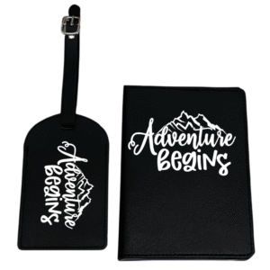 Adventure Begins KS Creations Black Passport and Tag in White Font
