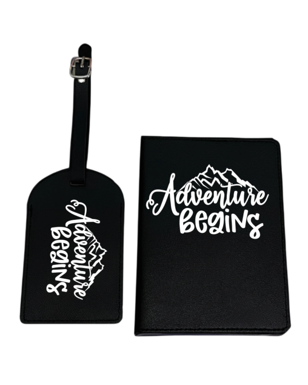 black P white Adventure Begins KS Creations Black Passport and Tag in White Font