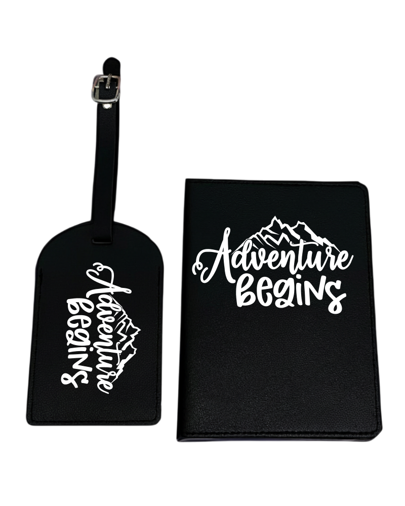 Adventure Begins KS Creations Black Passport and Tag in White Font