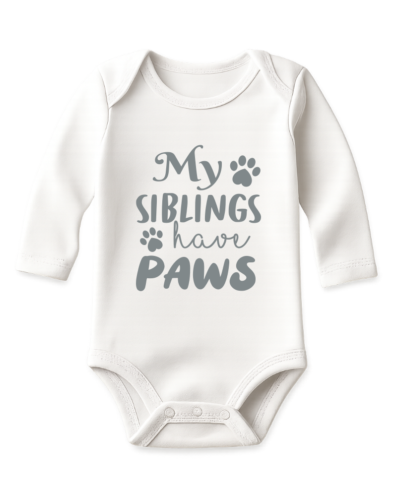 My Siblings Have Paws KS Creations Long Sleeve Baby Onesie in Silver Font