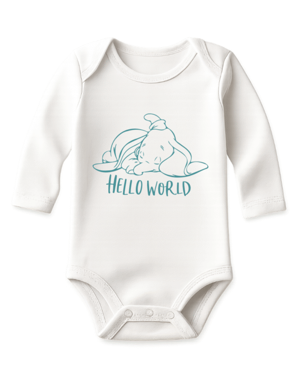 long teal Hello World KS Creations Long Sleeve Baby Onesie in Teal Font