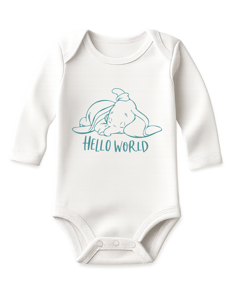 Hello World KS Creations Long Sleeve Baby Onesie in Teal Font