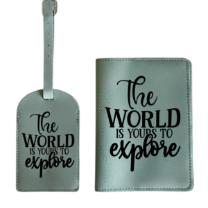 The World Is Yours To Explore KS Creations Teal Passport and Tag in Black Font