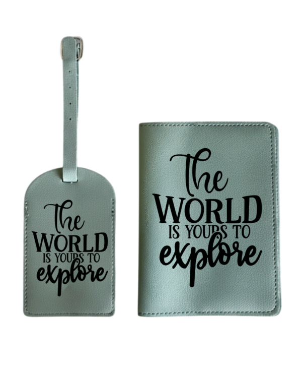 turquose P black The World Is Yours To Explore KS Creations Teal Passport and Tag in Black Font