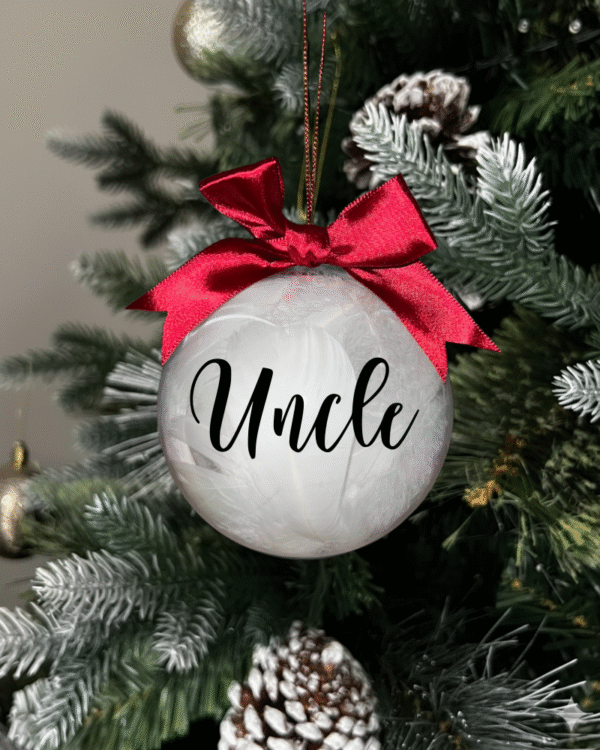 feather black Uncle round Christmas KS Creations bauble filled with feathers and black font
