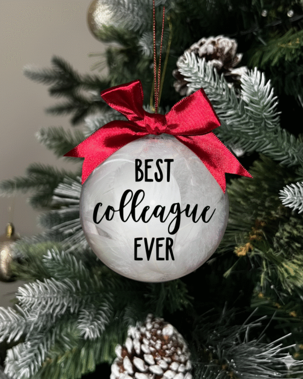feather black Best Colleague Ever round Christmas KS Creations bauble filled with feathers and black font