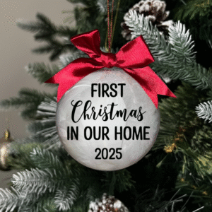 First Christmas in our home 2025 round Christmas KS Creations bauble filled with feathers and black font