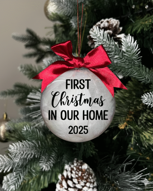 feather black First Christmas in our home 2025 round Christmas KS Creations bauble filled with feathers and black font