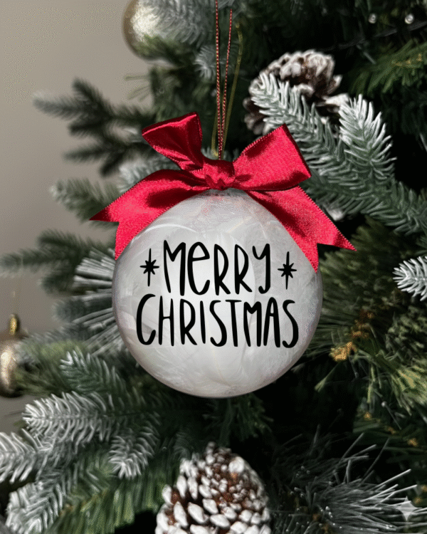 feather black Merry Christmas round Christmas KS Creations bauble filled with feathers and black font