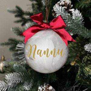 Nannu round Christmas KS Creations bauble filled with feathers and gold font