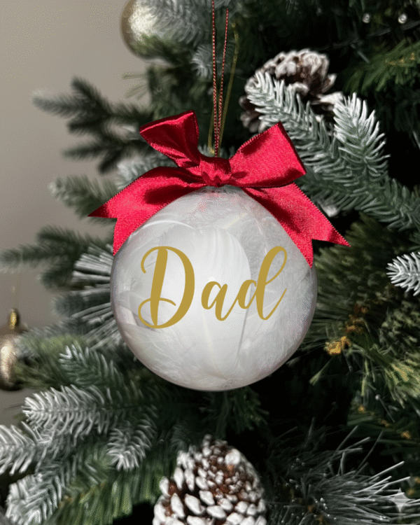 feather gold Dad round Christmas KS Creations bauble filled with Feathers and gold font