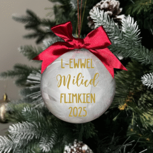 L ewwel milied flimkien 2025 round Christmas KS Creations bauble filled with feathers and gold font