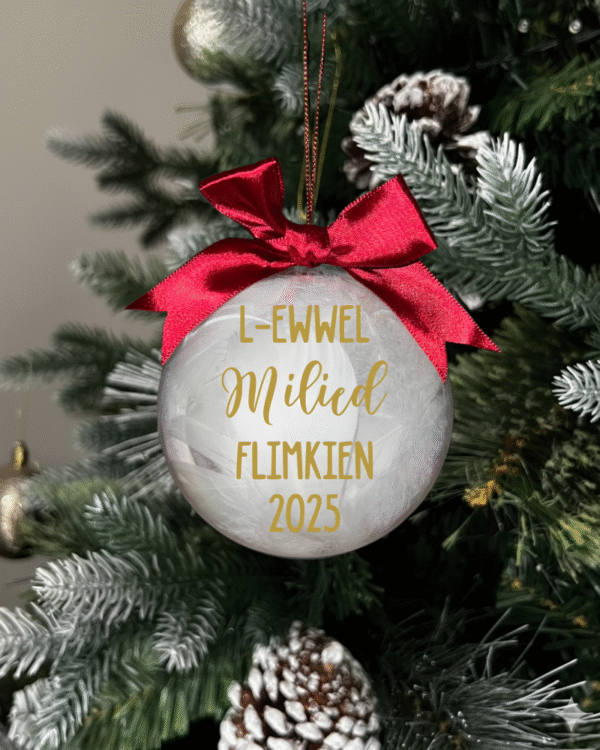 feather gold L ewwel milied flimkien 2025 round Christmas KS Creations bauble filled with feathers and gold font