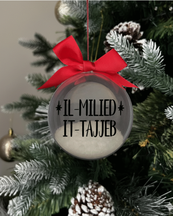 snow black Il Milied it Tajjeb round Christmas KS Creations bauble filled with snow and black font
