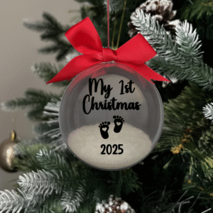 My first Christmas 2025 round Christmas KS Creations bauble filled with Snow and black font