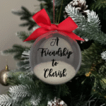 A Friendship to cherish round Christmas KS Creations bauble filled with snow and black font