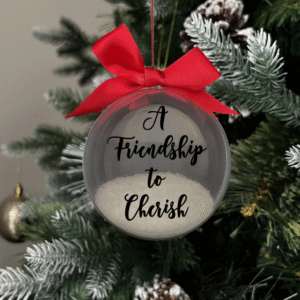 A Friendship to cherish round Christmas KS Creations bauble filled with snow and black font