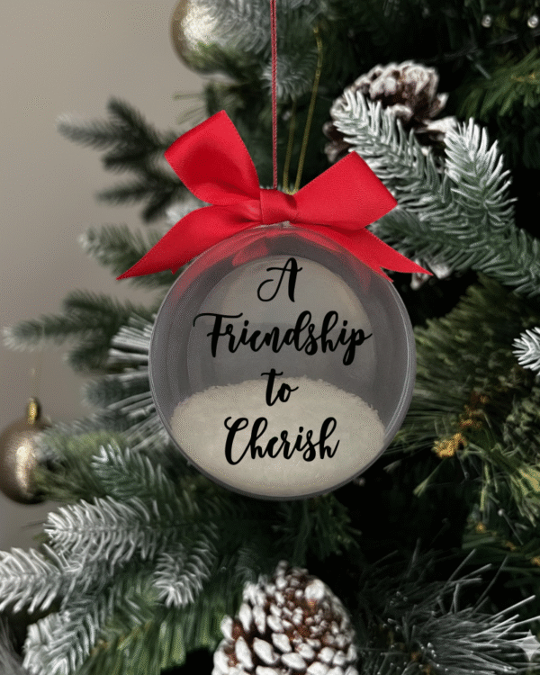 snow black A Friendship to cherish round Christmas KS Creations bauble filled with snow and black font