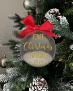First Christmas Married 2025 round Christmas KS Creations bauble filled with snow and gold font