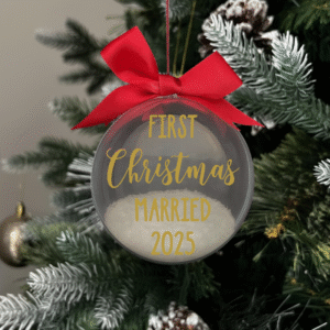 First Christmas Married 2025 round Christmas KS Creations bauble filled with snow and gold font