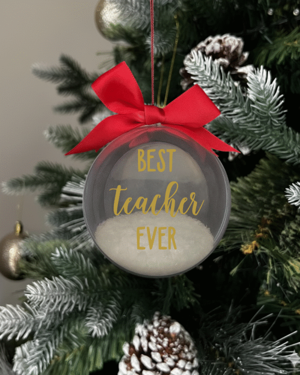 snow gold Best Teacher Ever round Christmas KS Creations bauble filled with Snow and gold font