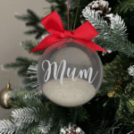 Mum round Christmas KS Creations bauble filled with snow and silver font