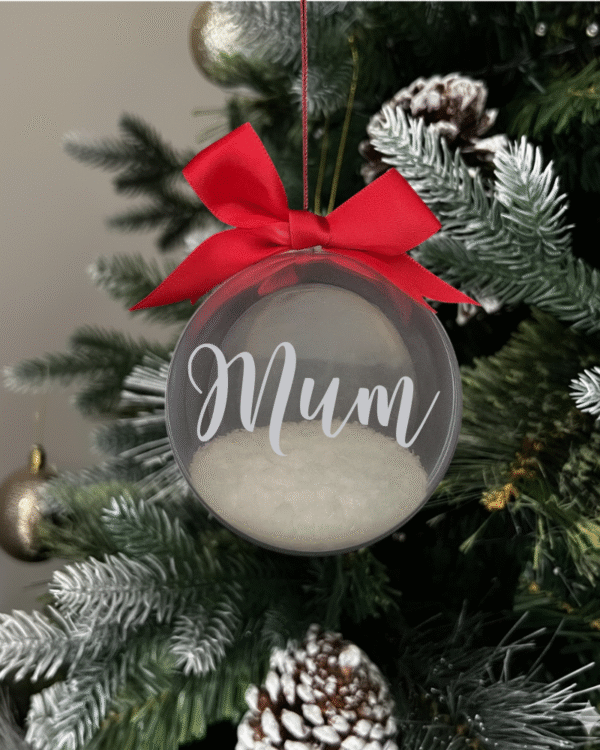 Mum round Christmas KS Creations bauble filled with snow and silver font