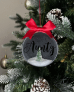 Aunty round Christmas KS Creations bauble filled with snow and tree and black font