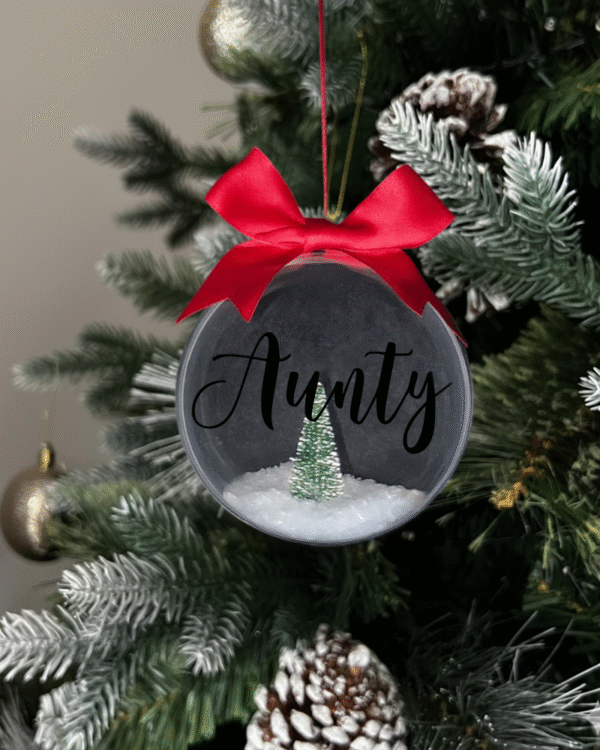 tree black Aunty round Christmas KS Creations bauble filled with snow and tree and black font