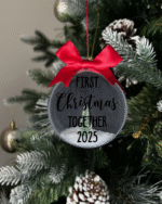 First Christmas Together 2025 round Christmas KS Creations bauble filled with snow and tree and black font