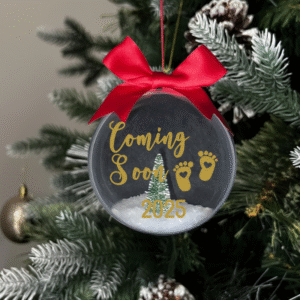 Coming Soon 2025 round Christmas KS Creations bauble filled with snow and tree and gold font