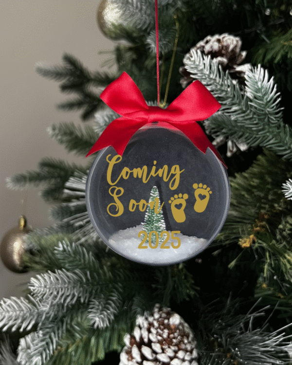 tree gold Coming Soon 2025 round Christmas KS Creations bauble filled with snow and tree and gold font