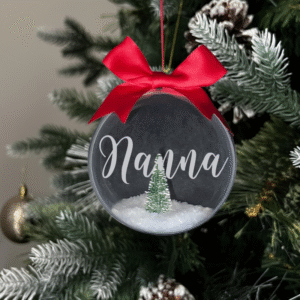 Nanna round Christmas KS Creations bauble filled with snow and tree and silver font