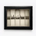 Personalised 10 Compartment Watch Organiser in black PU leather with clear Perspex lid