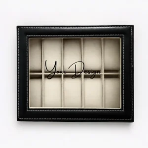 Personalised 10 Compartment Watch Organiser in black PU leather with clear Perspex lid