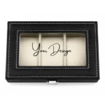 Personalised 3 Compartment Watch Organiser in black PU leather with clear Perspex lid