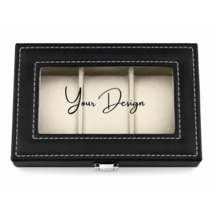 Personalised 3 Compartment Watch Organiser in black PU leather with clear Perspex lid