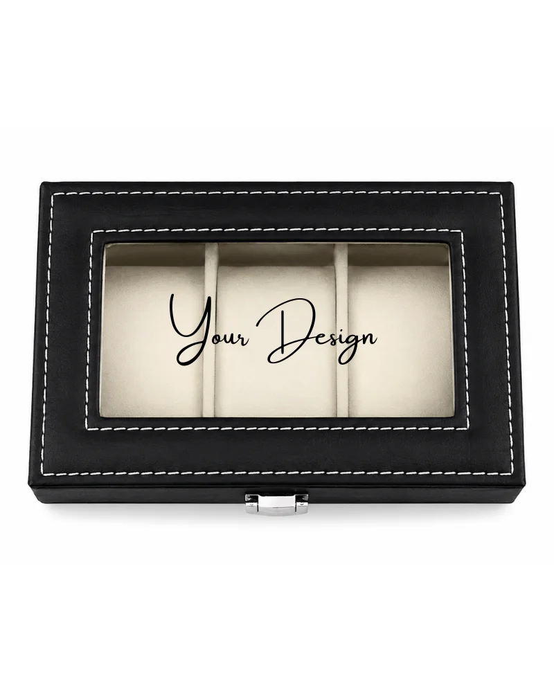 Personalised 3 Compartment Watch Organiser in black PU leather with clear Perspex lid Personalised 3 Compartment Watch Organiser in black PU leather with clear Perspex lid